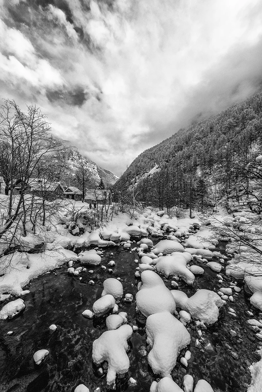 Black and white photograph of Ticino, Switzerland