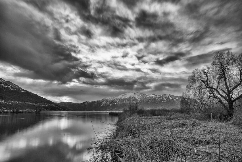 Black and white photograph of Ticino, Switzerland