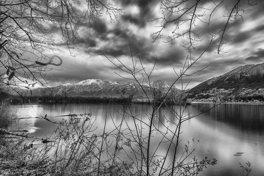 Black and white photograph of Ticino, Switzerland