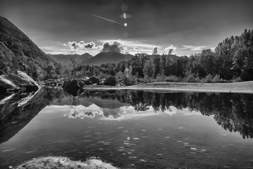 Black and white photograph of Ticino, Switzerland