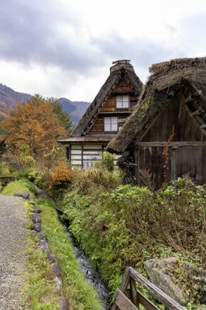 Panorama of Shirakawa-Go village and valley forest in autumn foliage